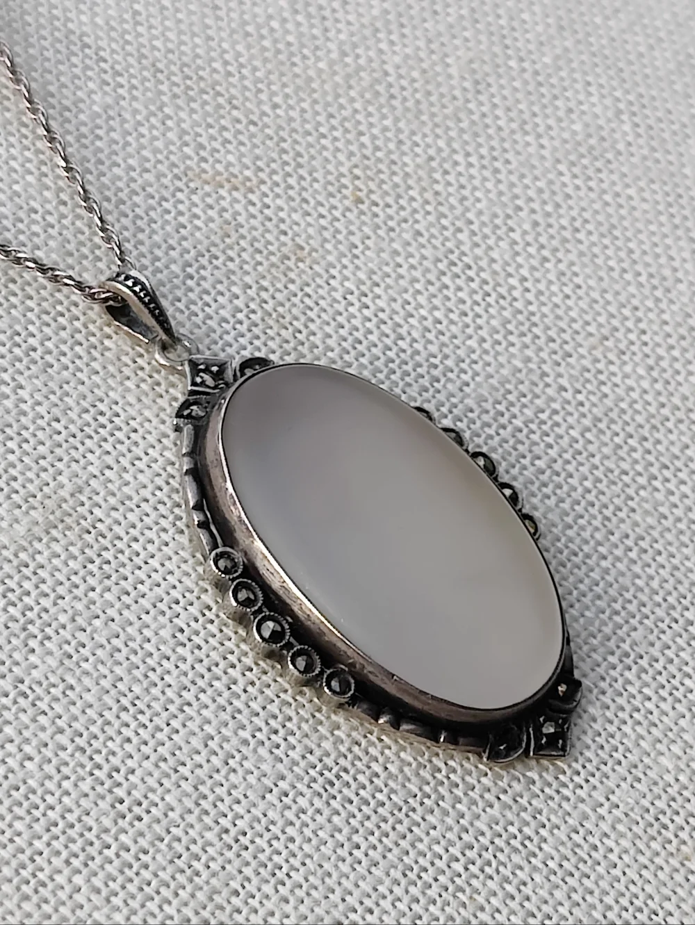 Vintage Sterling Art Deco Camphor Glass And Marcasite Pendant Necklace